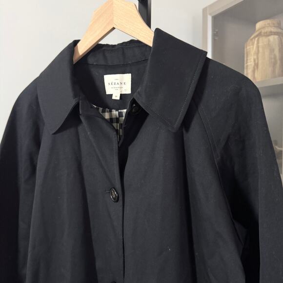SEZANE Clyde Organic Cotton Black Plaid Lined Oversized Trench Coat 36 Overcoat - Picture 3 of 7